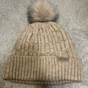 Calvin Klein Brown Knit Beanie with Pom-Pom